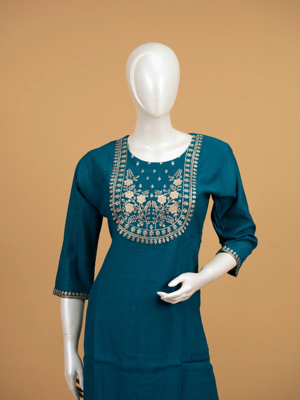 Teal Blue zari embroidered straight cut kurti set with printed dupatta and straight pants