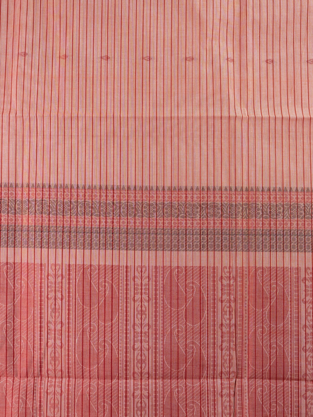 Peach semi raw silk saree with maroon stripes, temple border and paisley pallu