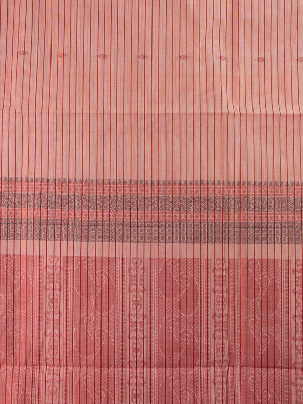 Peach semi raw silk saree with maroon stripes, temple border and paisley pallu