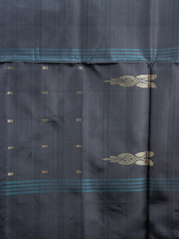Maroon and charcoal grey banana silk saree with gold zari buttas and peacock and elephant motif pallu