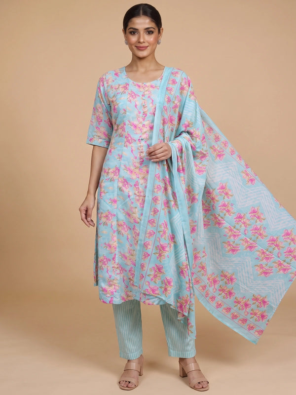 Sky blue pink floral cotton kurti set with matching dupatta and striped pants