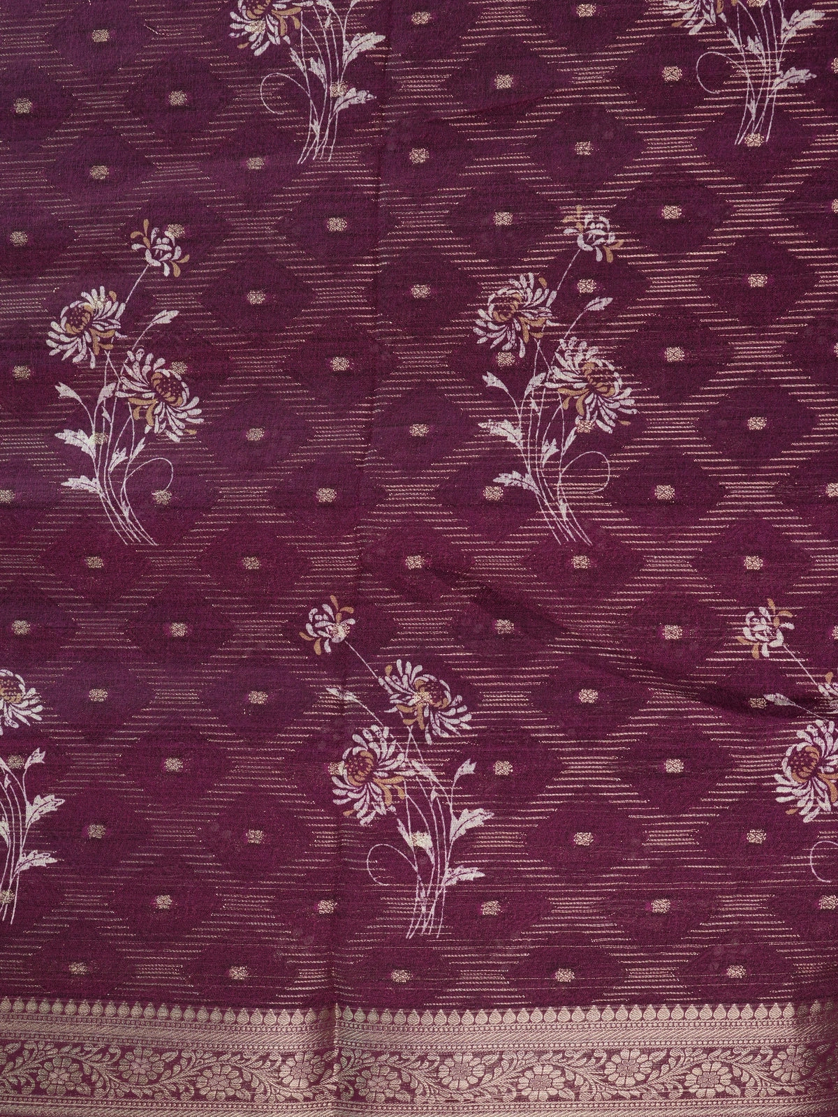 Wine purple art silk designer saree with floral prints, gold zari buttis and contrast zari border