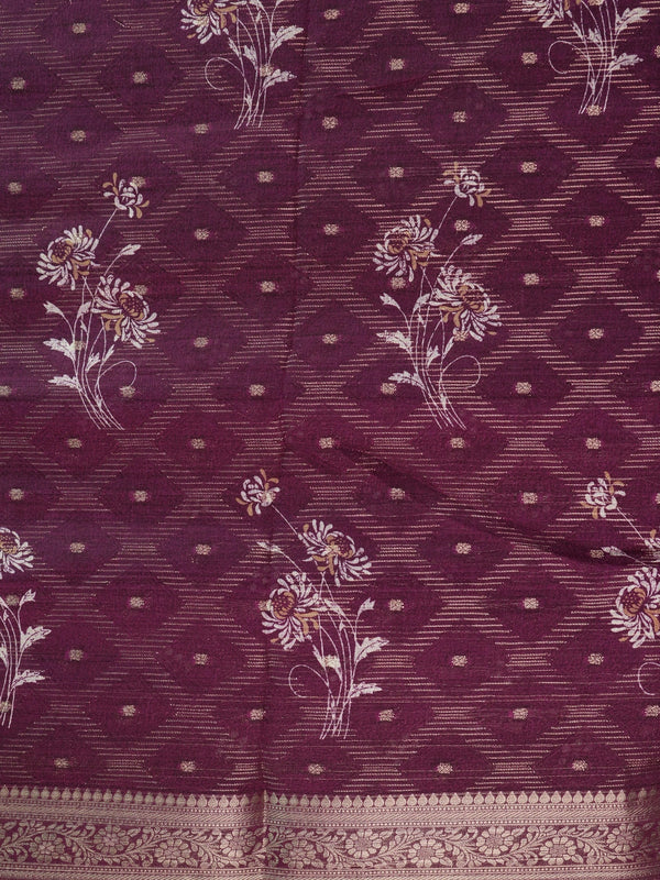 Wine purple art silk designer saree with floral prints, gold zari buttis and contrast zari border