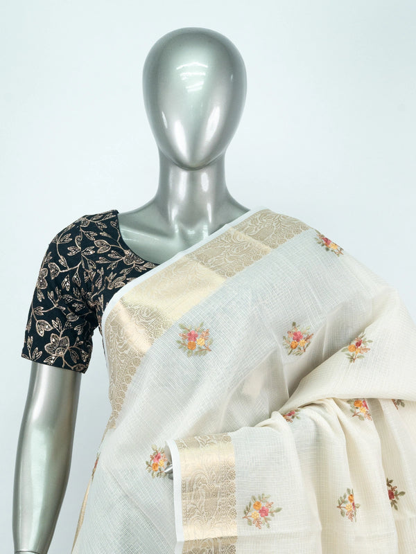 Cream linen cotton saree with gold zari border and multicolour floral embroidery