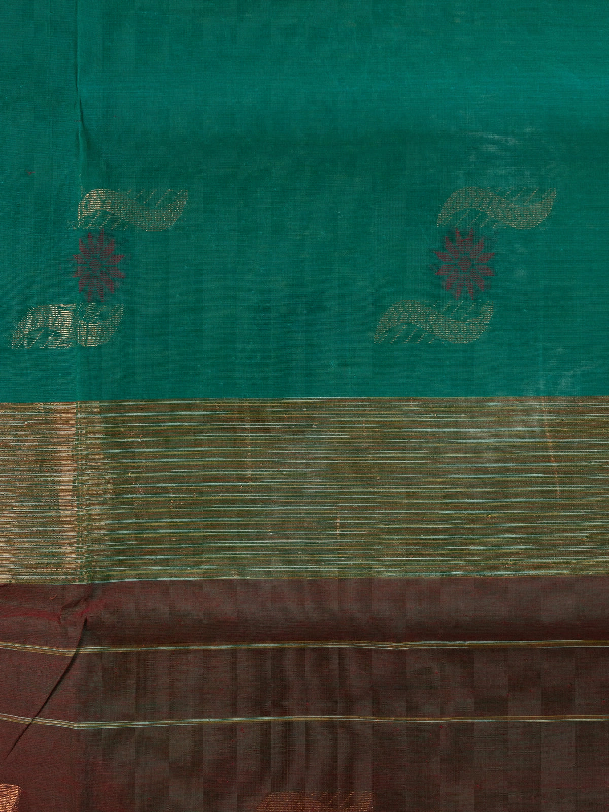 Teal green silk cotton saree with maroon gold zari border and paisley floral buttas