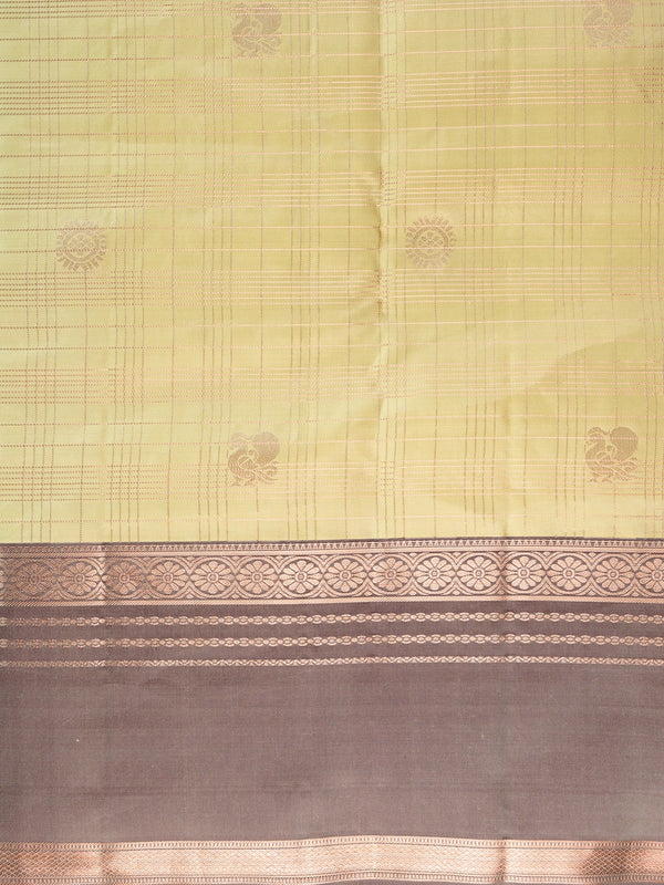 Mehendi green pure Kanchipuram silk saree with grey-brown contrast border and copper zari pallu