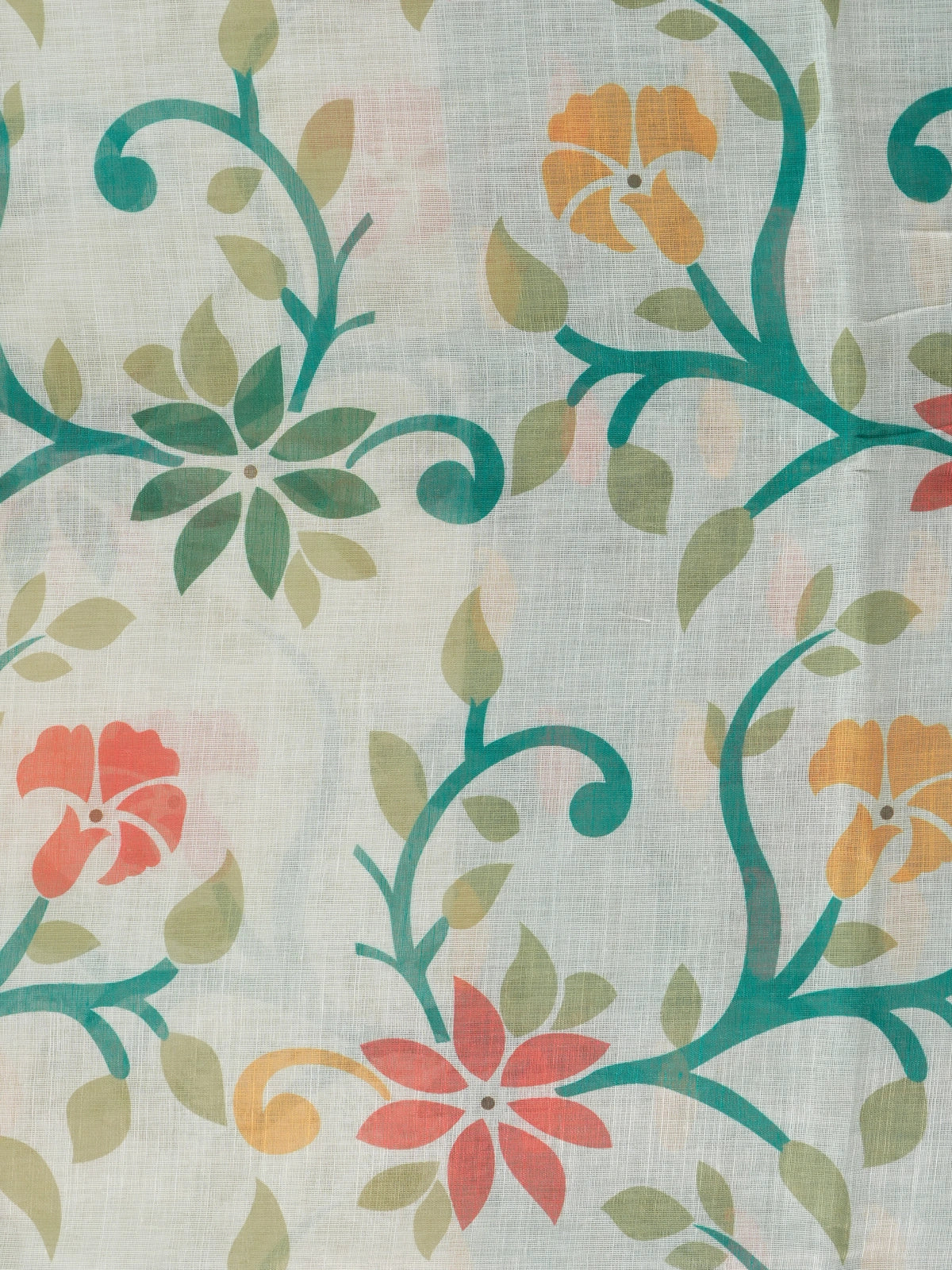 Cream linen cotton saree with multicolour floral print and contrast teal green paisley border