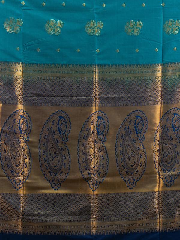 Peacock teal Kanchipuram Fancy Silk saree with contrast navy border and gold zari paisley pallu