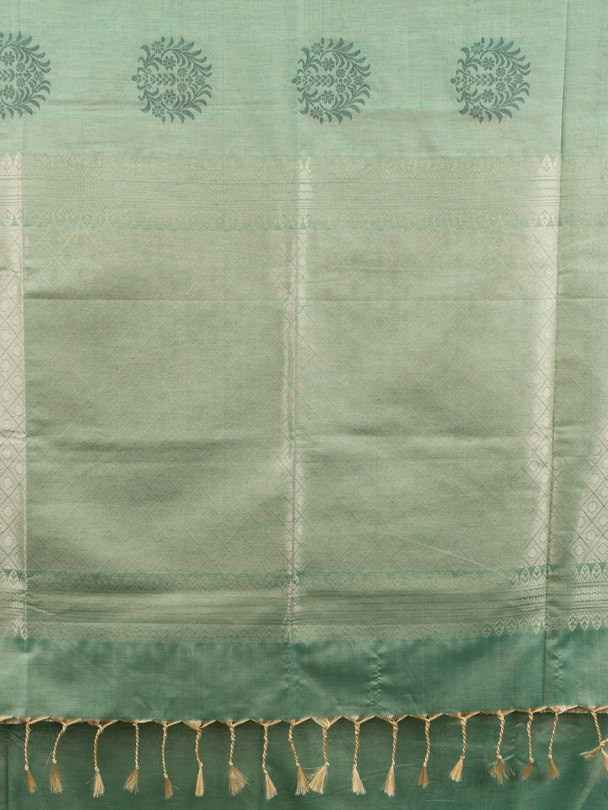 Sage green Kanchipuram fancy silk saree with contrast teal silver zari border and floral butta body