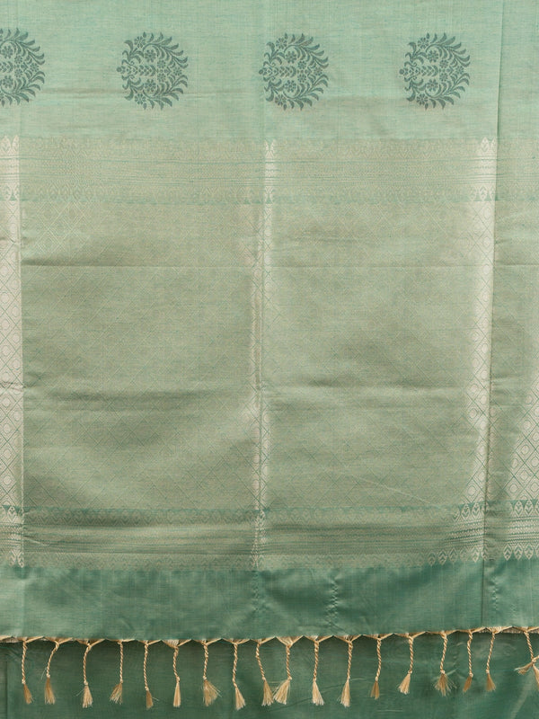 Sage green Kanchipuram fancy silk saree with contrast teal silver zari border and floral butta body
