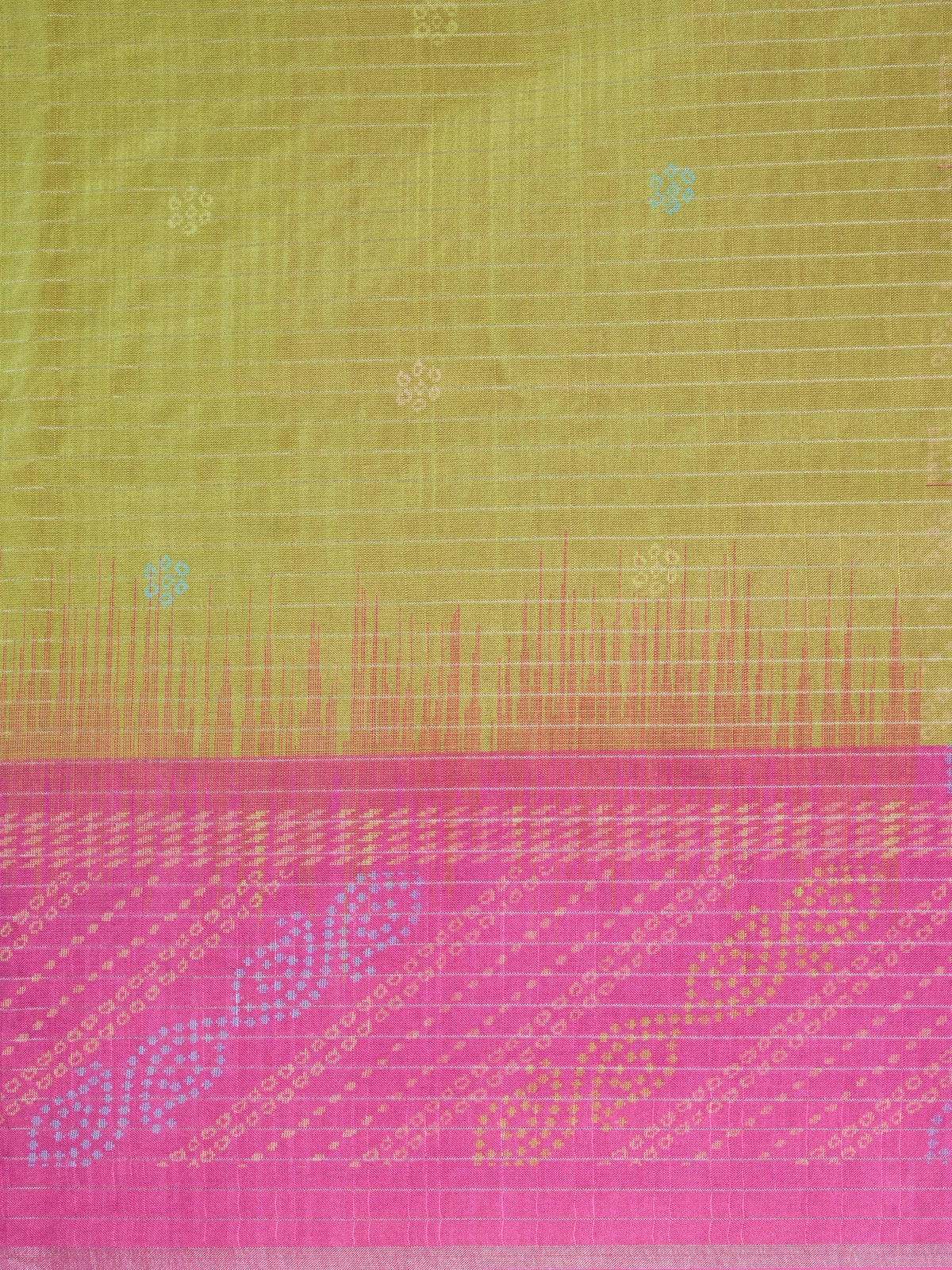 Lime green Dola silk saree with pink contrast border, zari checks and bandhani-inspired pallu