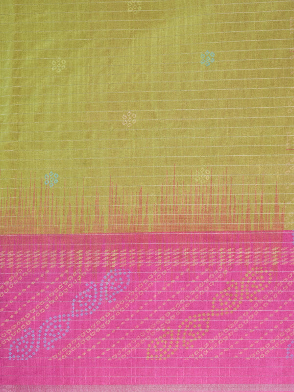 Lime green Dola silk saree with pink contrast border, zari checks and bandhani-inspired pallu