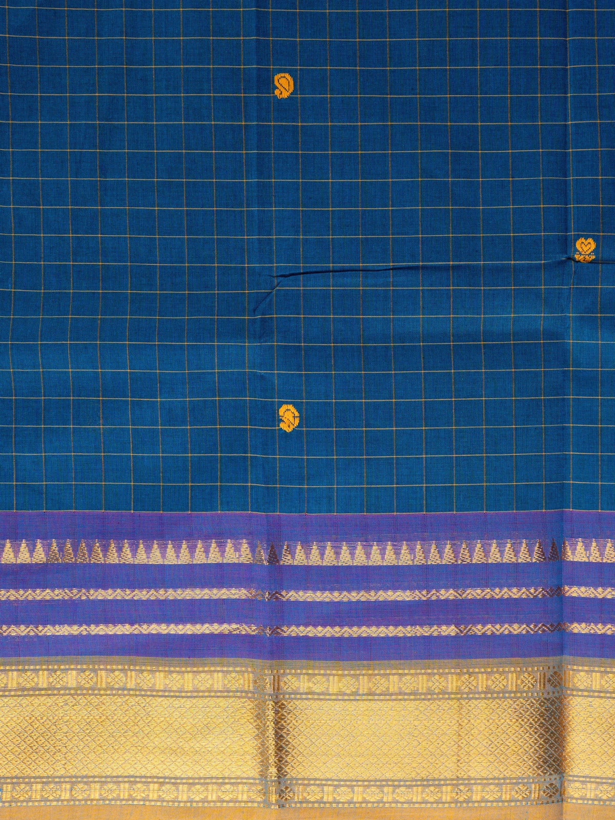 Peacock blue Chettinad cotton saree with gold checks, mustard butta motifs and contrast purple gold zari border