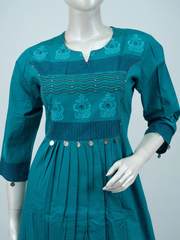 Teal cotton block printed Anarkali kurti set with coin embellished waist, palazzo pants and dupatta