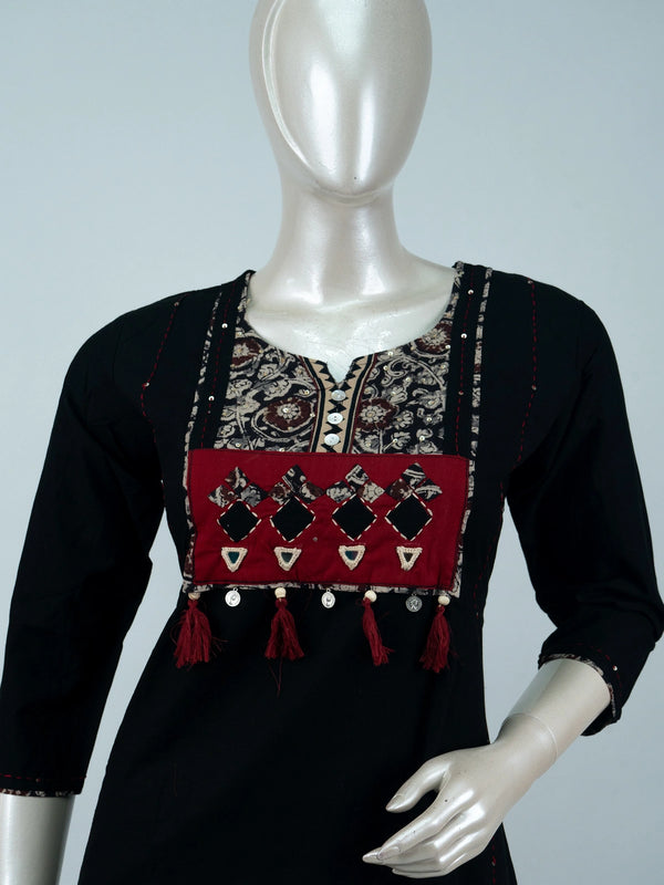 Black cotton straight cut kurti set with mirror work yoke and maroon block-print dupatta