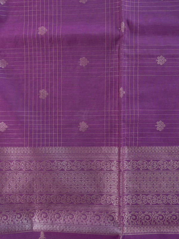 Purple silk cotton saree with silver zari checks, floral buttas and ornate woven border
