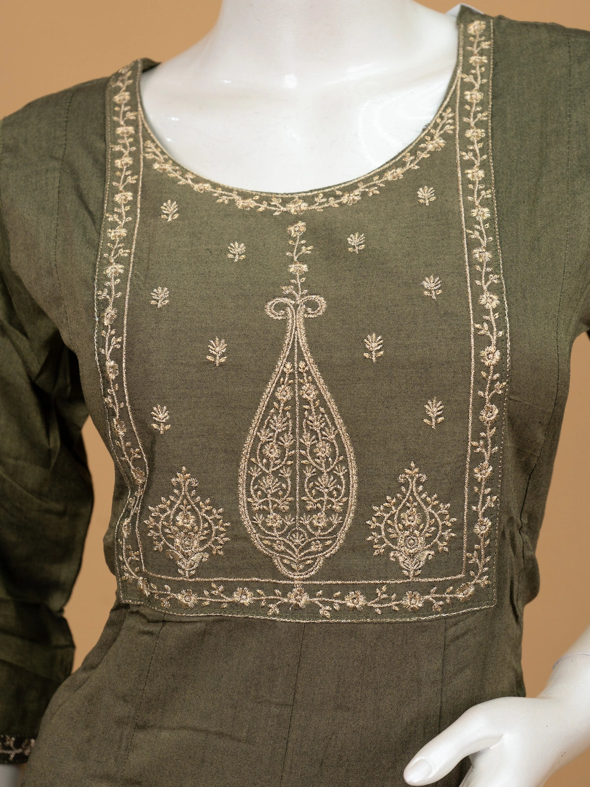Olive green Zari embroidered Anarkali kurti top with gold yoke work and 3/4 sleeves