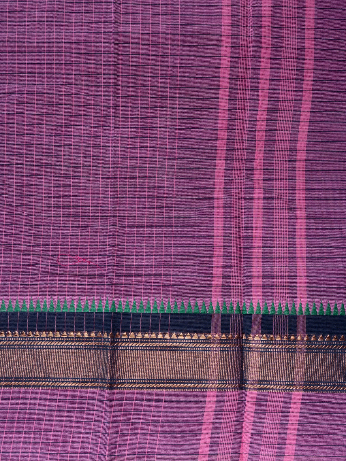 Purple Chettinad cotton saree with woven checks and contrast navy blue temple border