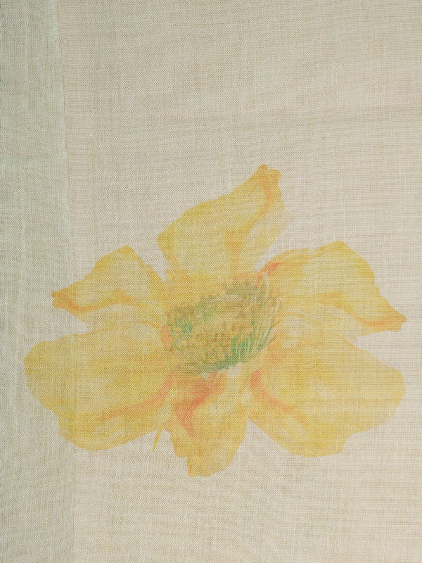 Cream linen cotton saree with yellow watercolour floral print and matching blouse