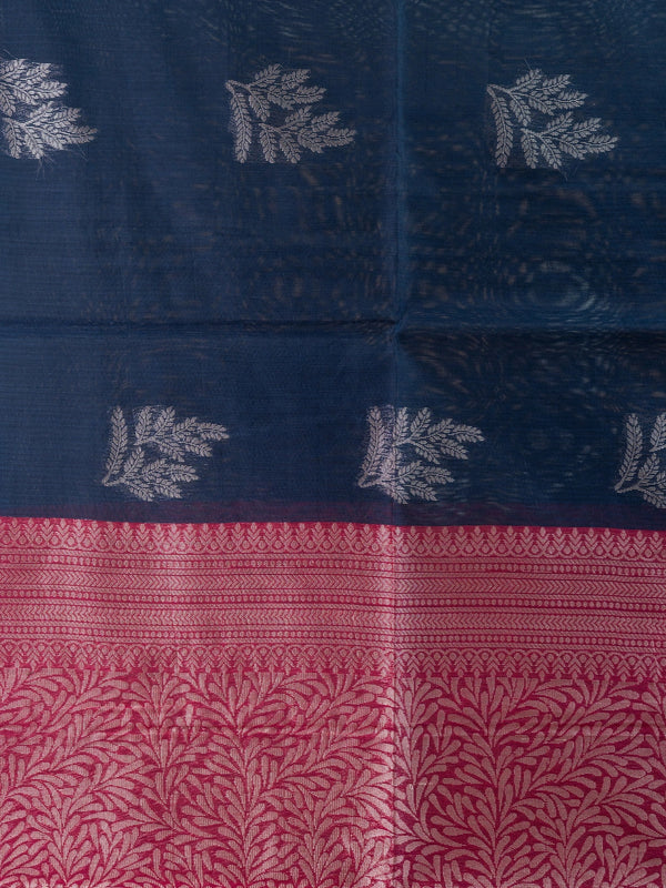 Navy blue silk cotton saree with silver butta motifs and contrast maroon pallu and border