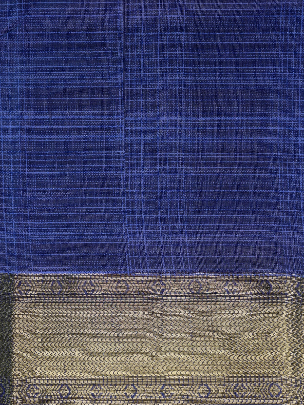 Royal blue designer saree with checked weave and broad gold zari border
