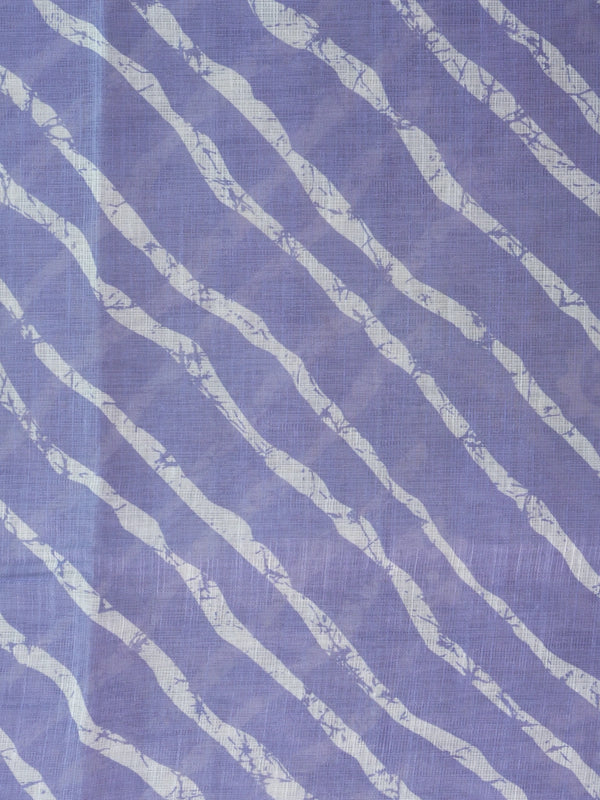 Lavender linen cotton saree with white leheriya batik stripes, multicolour floral batik pallu and golden zari border