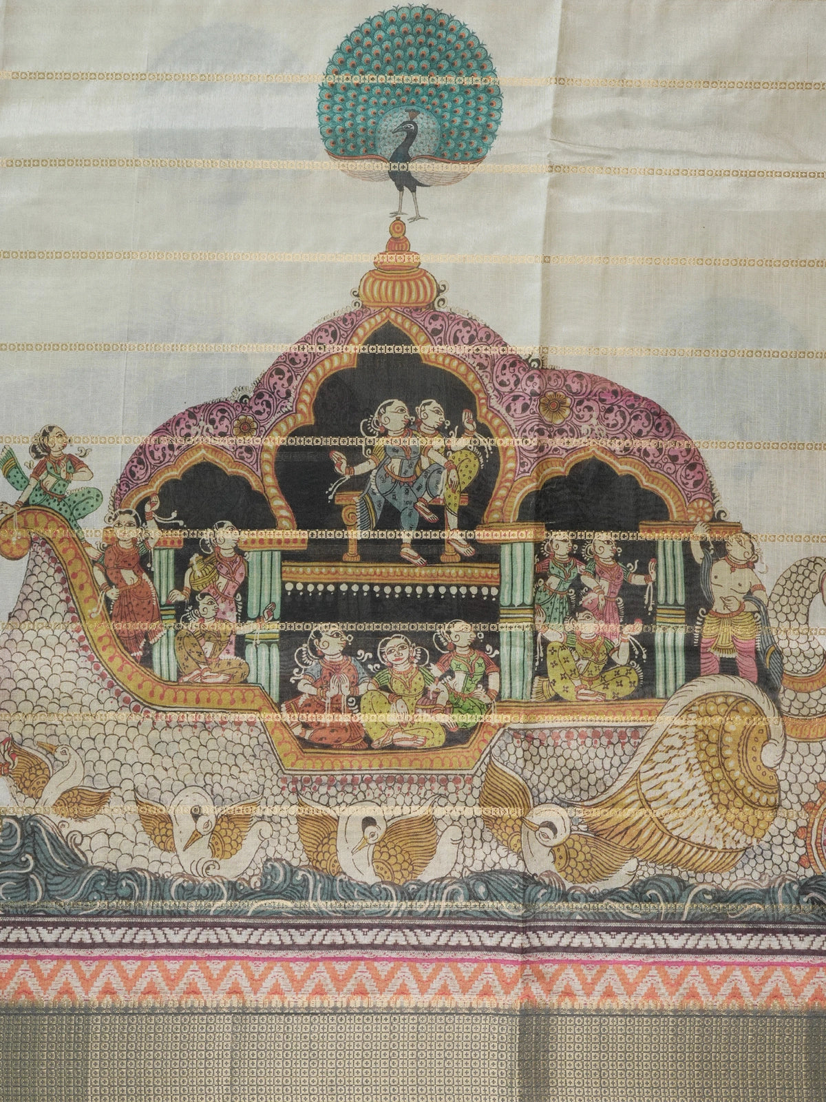 Cream and grey semi tussar saree with gold zari stripes and folk-art printed pallu