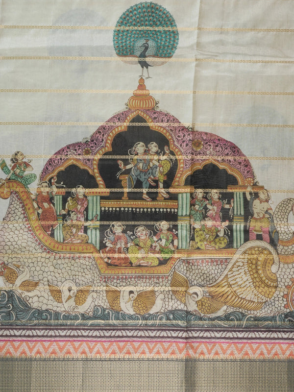 Cream and grey semi tussar saree with gold zari stripes and folk-art printed pallu