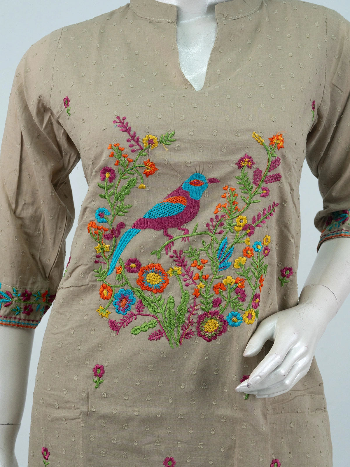 Beige bird embroidered cotton straight cut kurti set with pants and magenta bordered dupatta