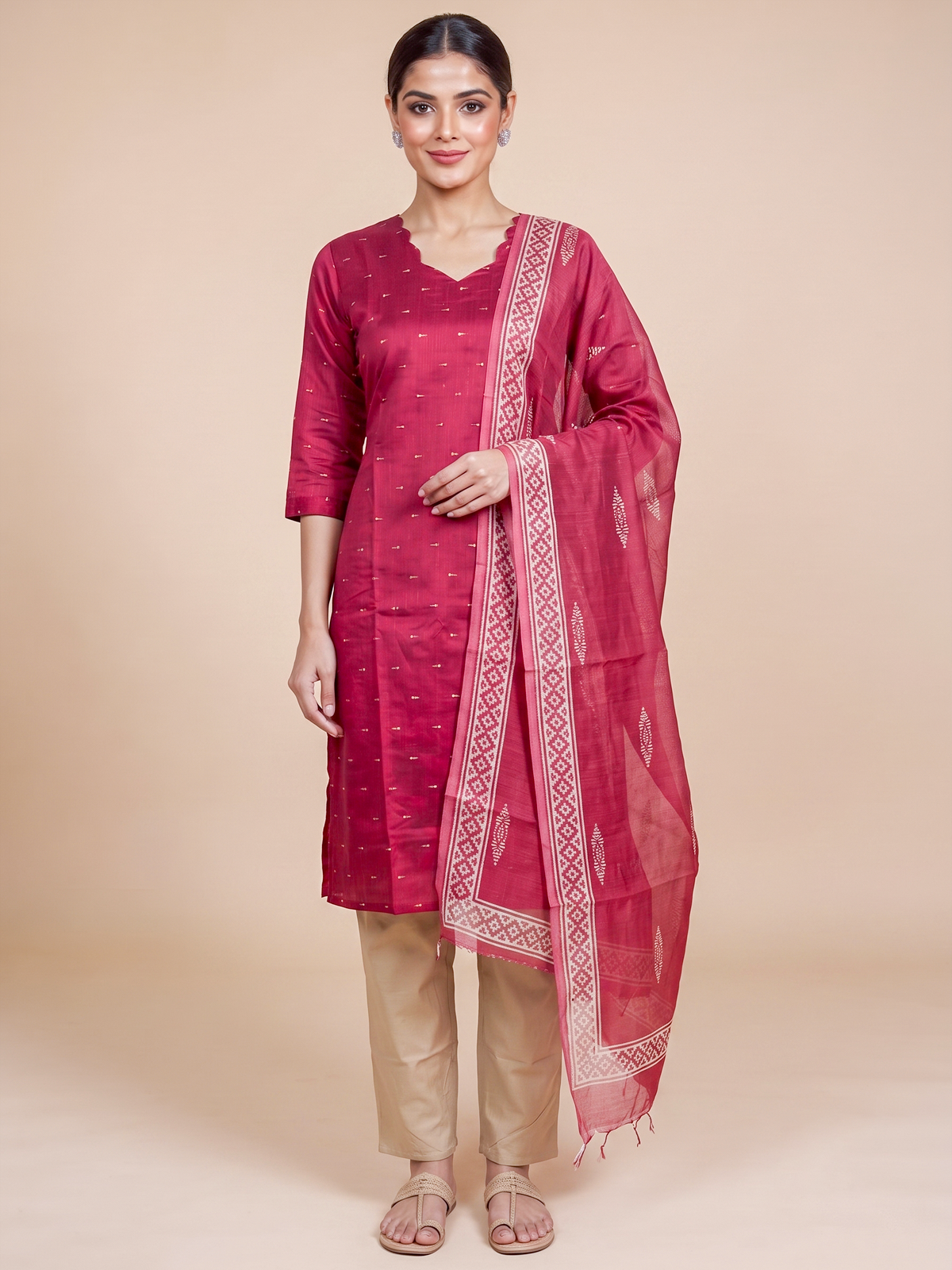 Rani pink zari buti ready made kurti set with matching dupatta and beige straight pants