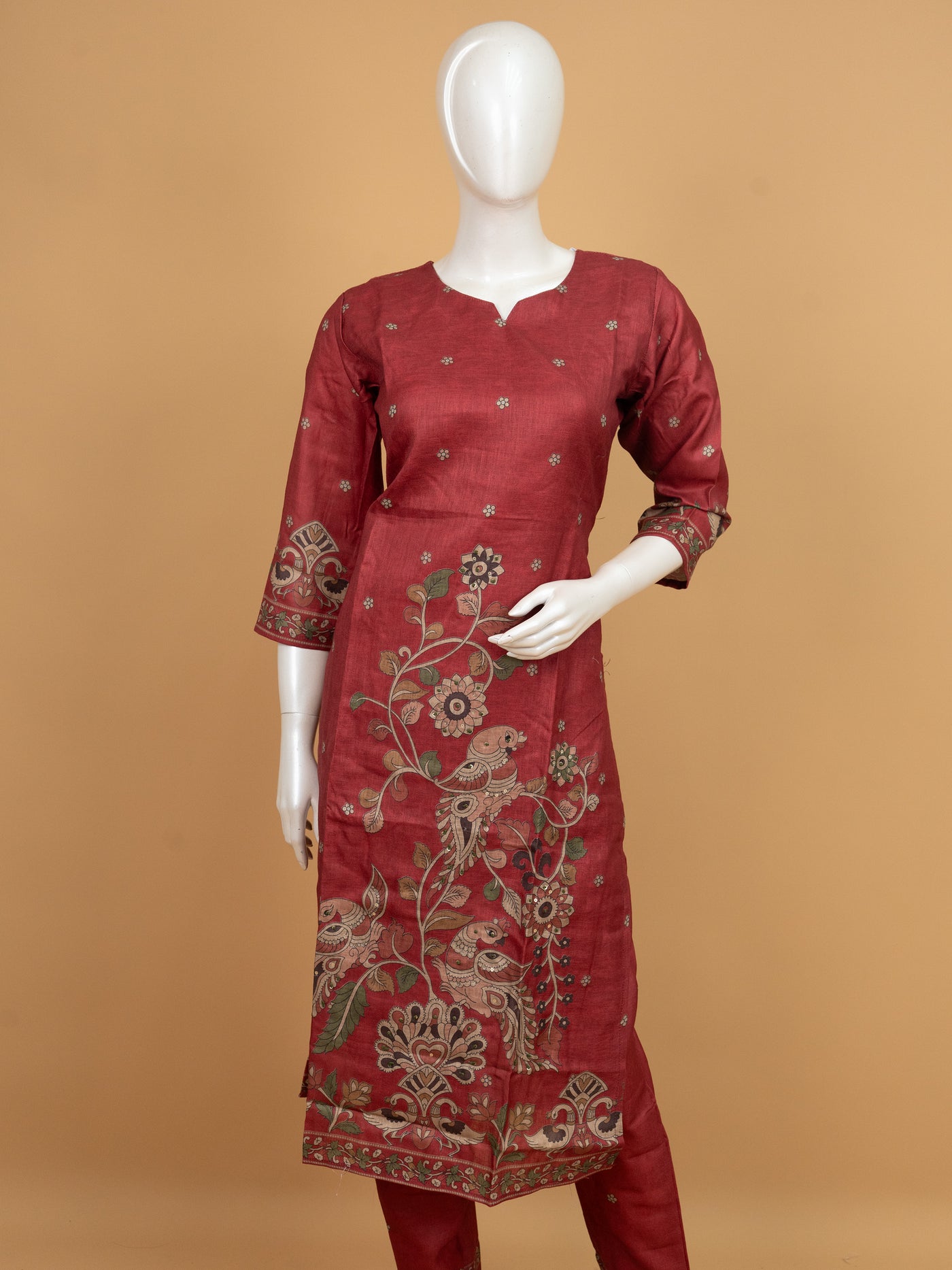 Rani Pink Embroidered Straight Cut Kurti Set with Kalamkari Dupatta