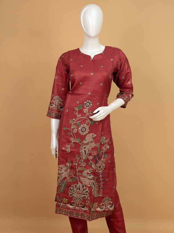 Rani Pink Embroidered Straight Cut Kurti Set with Kalamkari Dupatta