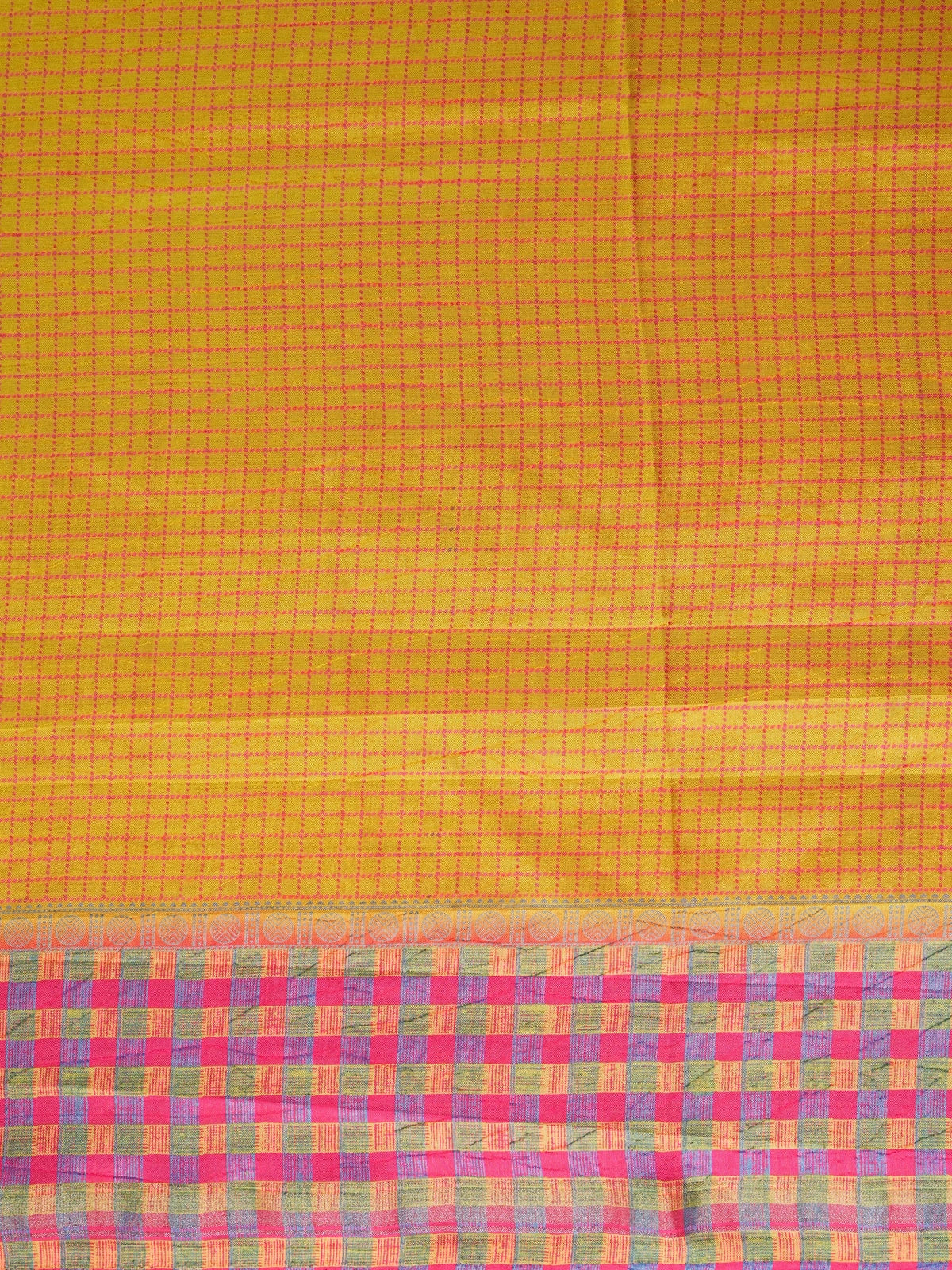 Mustard yellow Dola silk saree with pink checks and contrast multicolour checked border