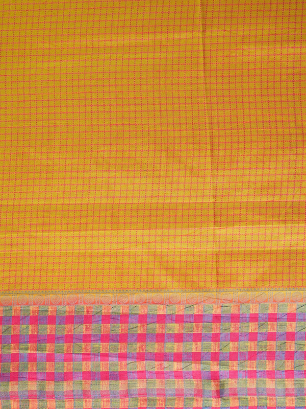Mustard yellow Dola silk saree with pink checks and contrast multicolour checked border
