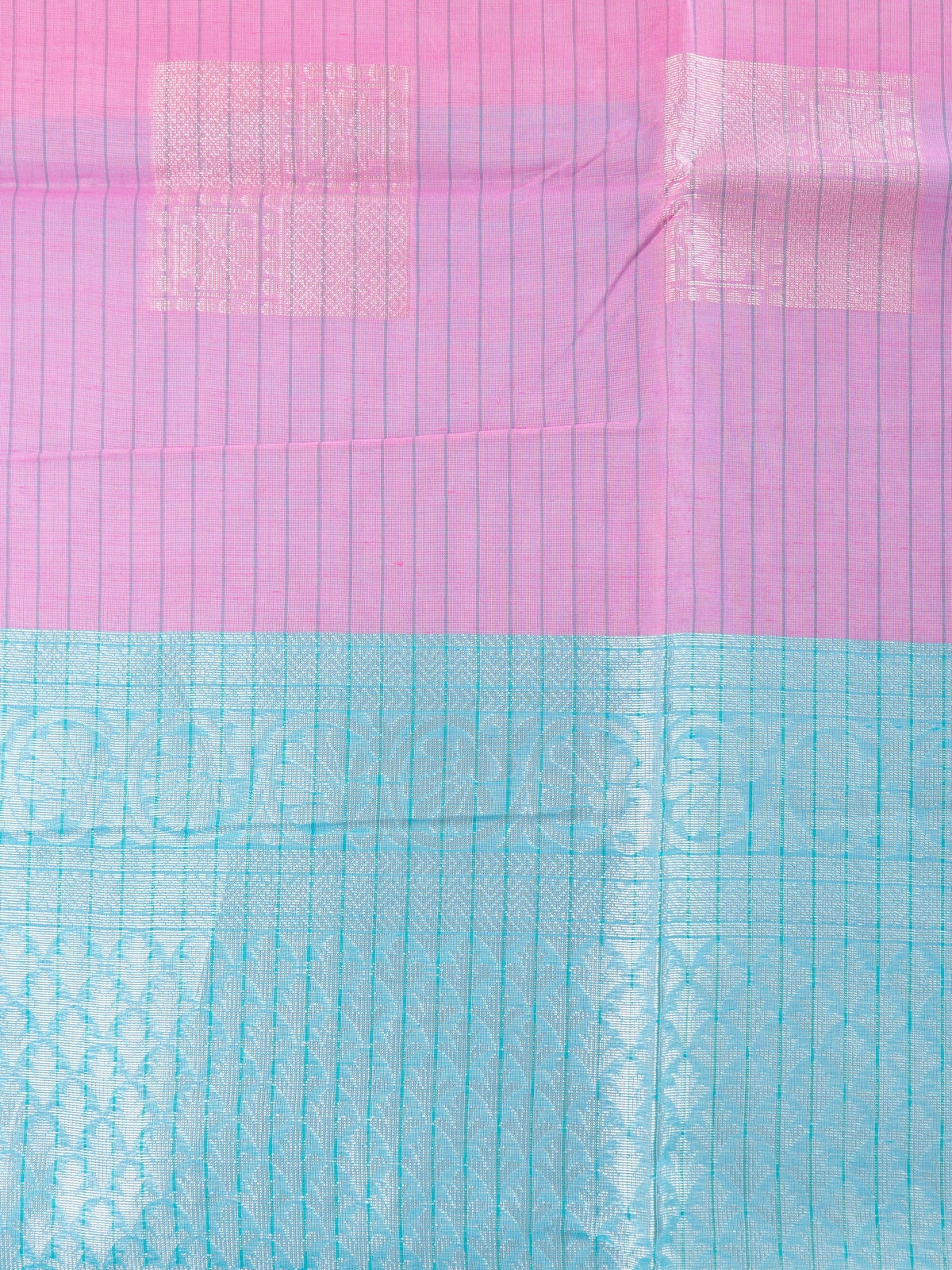 Pink silk cotton saree with silver zari buttas and contrast sky blue zari border and pallu