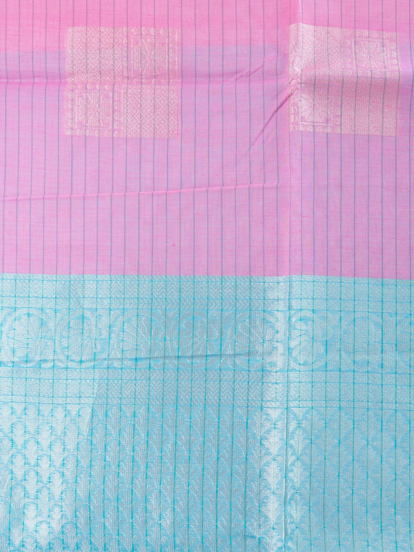 Pink silk cotton saree with silver zari buttas and contrast sky blue zari border and pallu