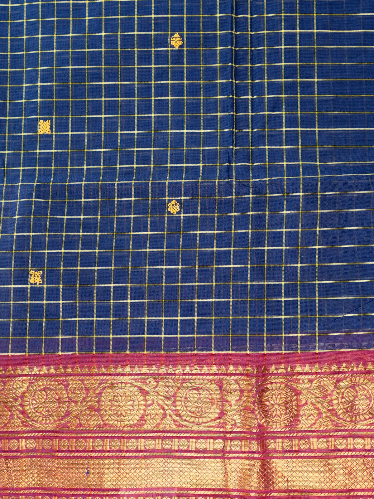 Blue Chettinad cotton saree with yellow checks and contrast magenta gold zari border
