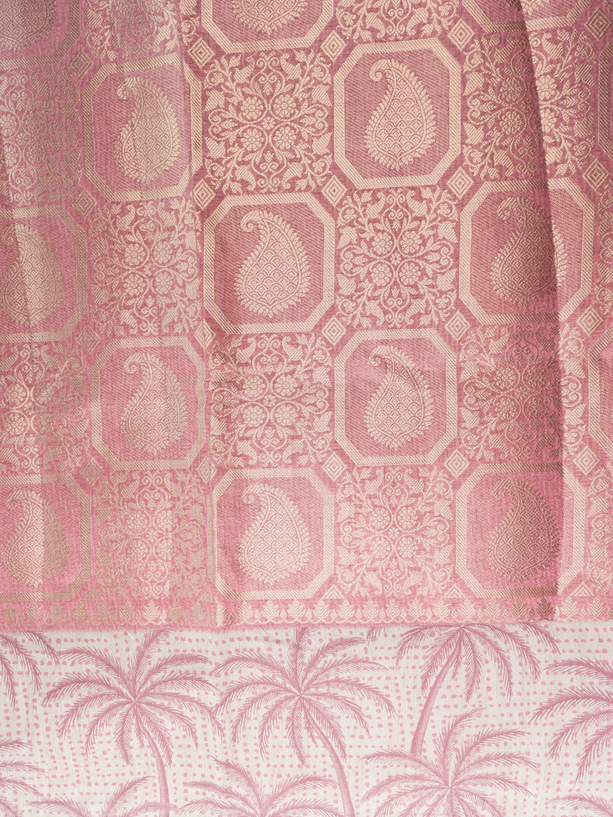 Pink and cream designer art silk saree with woven zari paisley body and contrast palm-tree printed border