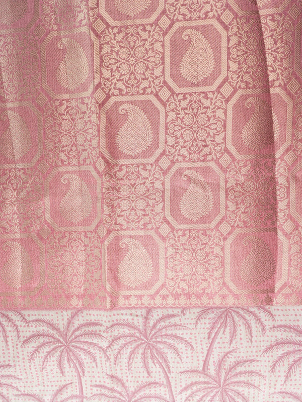 Pink and cream designer art silk saree with woven zari paisley body and contrast palm-tree printed border