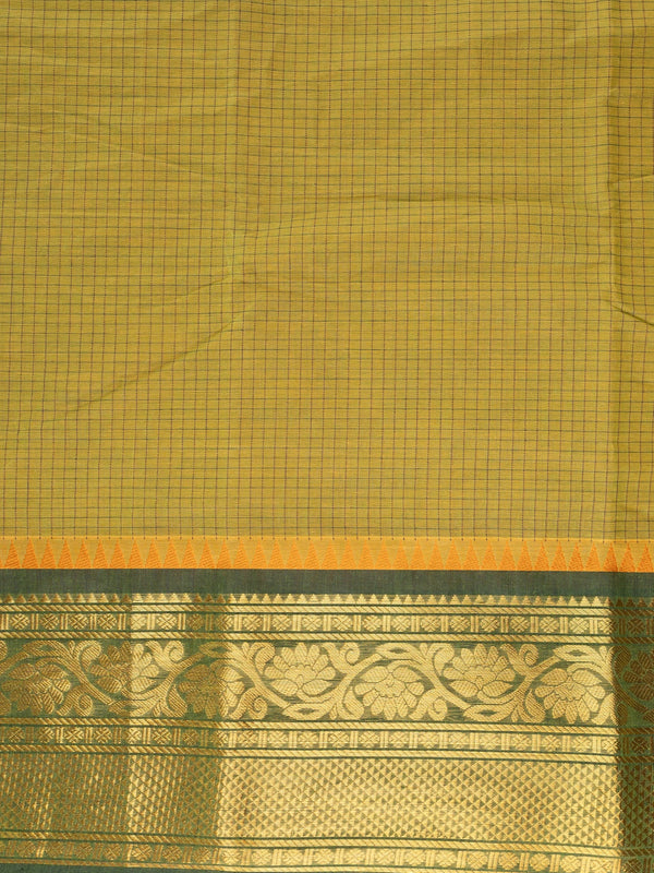 Mehendi green Chettinad cotton saree with checked body and gold zari floral border