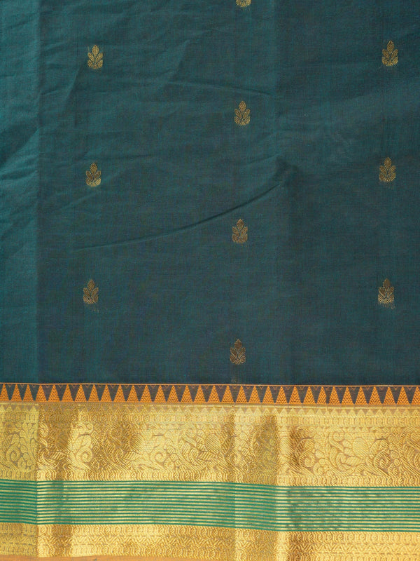 Teal green Chettinad cotton saree with gold zari buttas, temple border and contrast maroon zari pallu