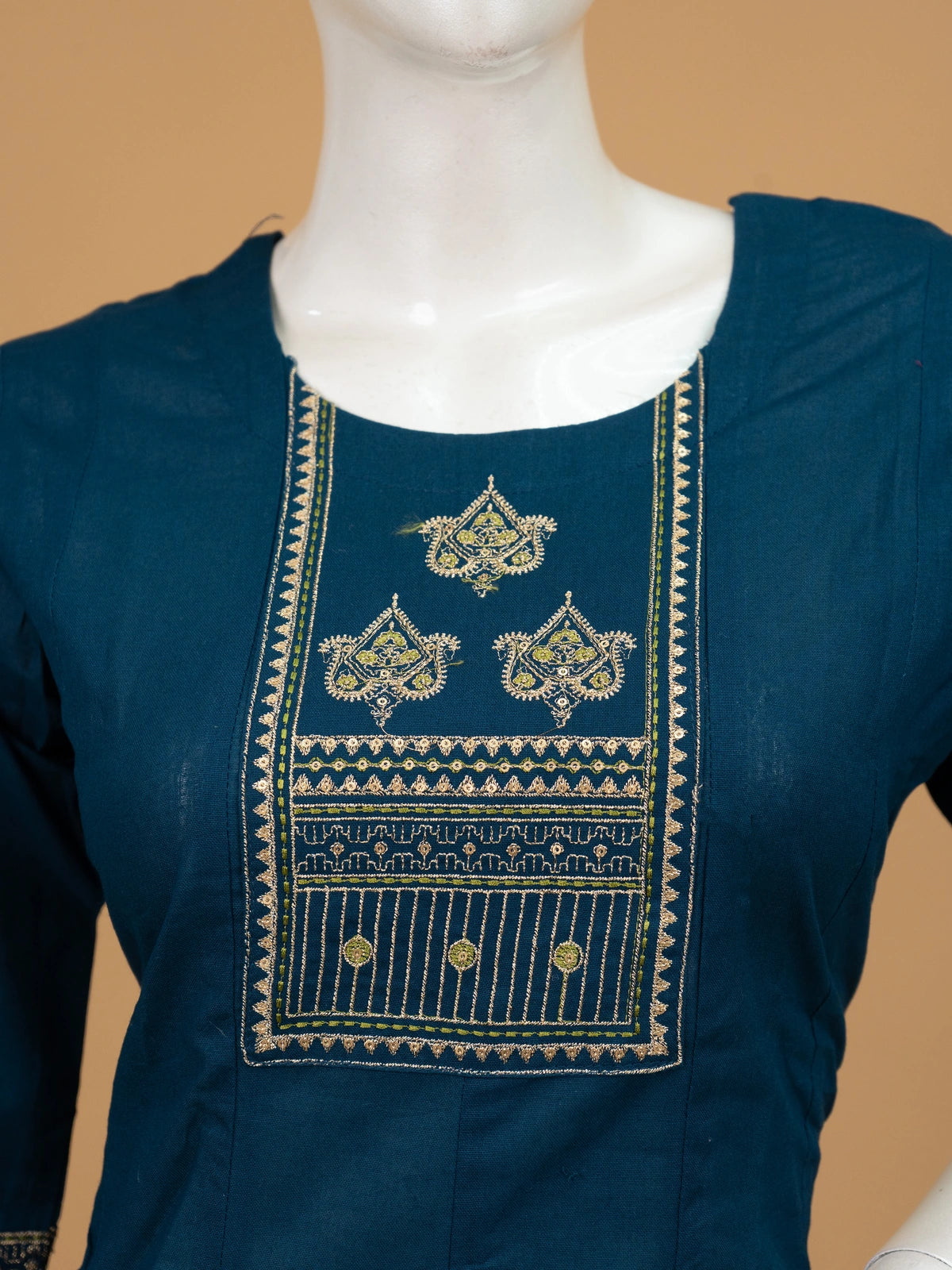 Teal Blue Cotton Embroidered Anarkali Kurti with gold and green zari yoke work