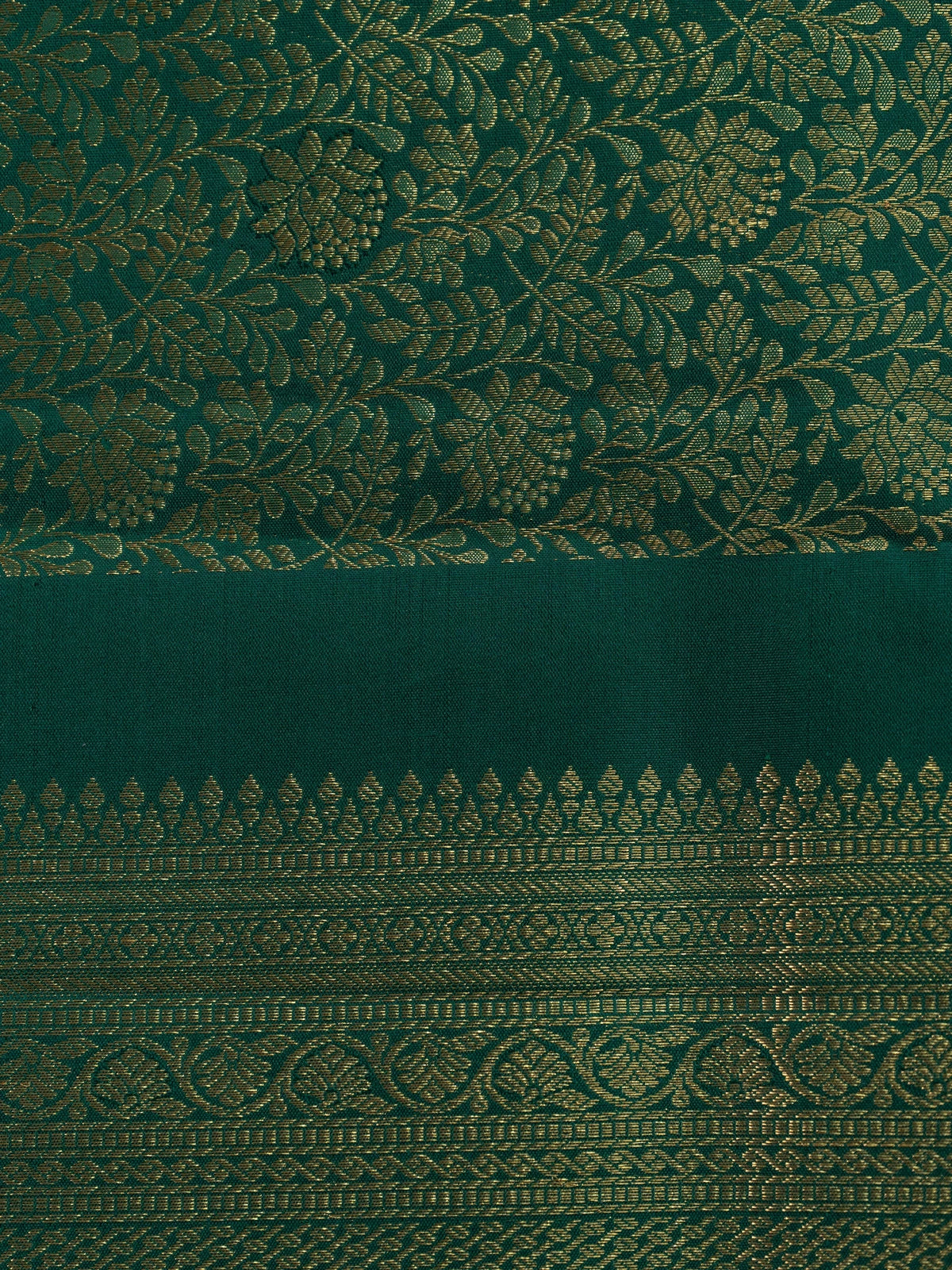 Deep green pure Kanchipuram silk saree with allover gold zari floral brocade and contrast gold zari border