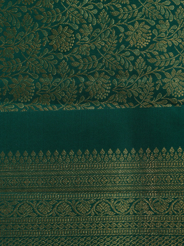 Deep green pure Kanchipuram silk saree with allover gold zari floral brocade and contrast gold zari border
