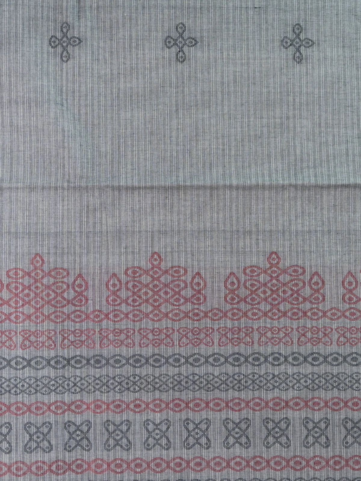 Grey and brown semi raw silk saree with contrast thread border and woven kolam motifs