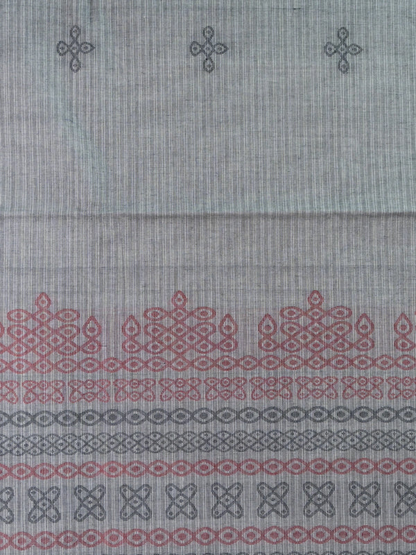 Grey and brown semi raw silk saree with contrast thread border and woven kolam motifs