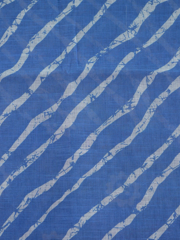 Blue and white leheriya batik linen cotton saree with golden zari border and floral pallu