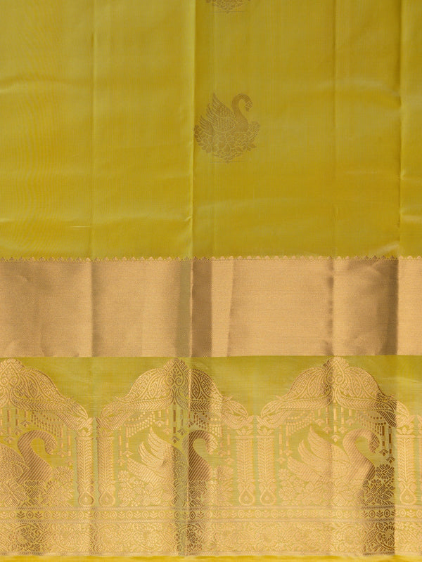 Yellow pure Kanchipuram silk saree with gold zari swan motifs and contrast border