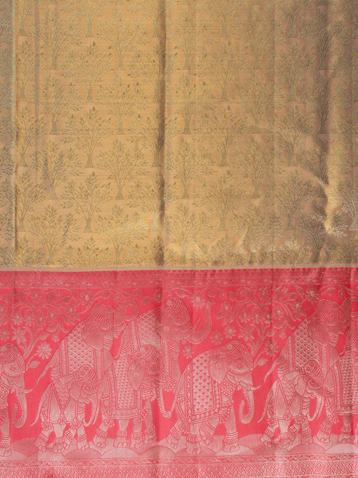 Gold pure Kanchipuram silk saree with tree-motif zari body and contrast pink elephant border