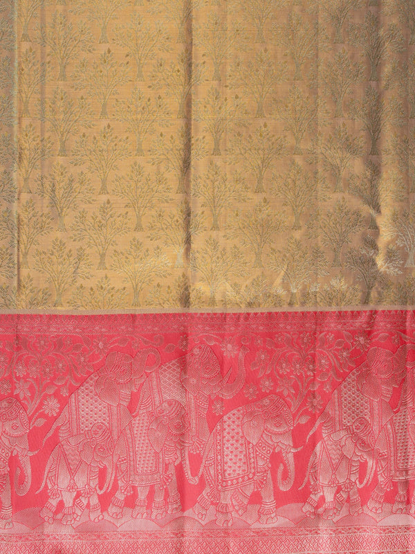 Gold pure Kanchipuram silk saree with tree-motif zari body and contrast pink elephant border